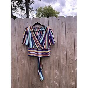 New York & Company Multicolor Stripe Wrap Blouse Size Large‎ Summer Short Sleeve